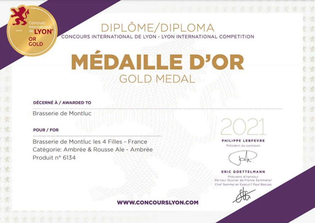 Diplome médaille d'or concours international Lyon Bière ambrée